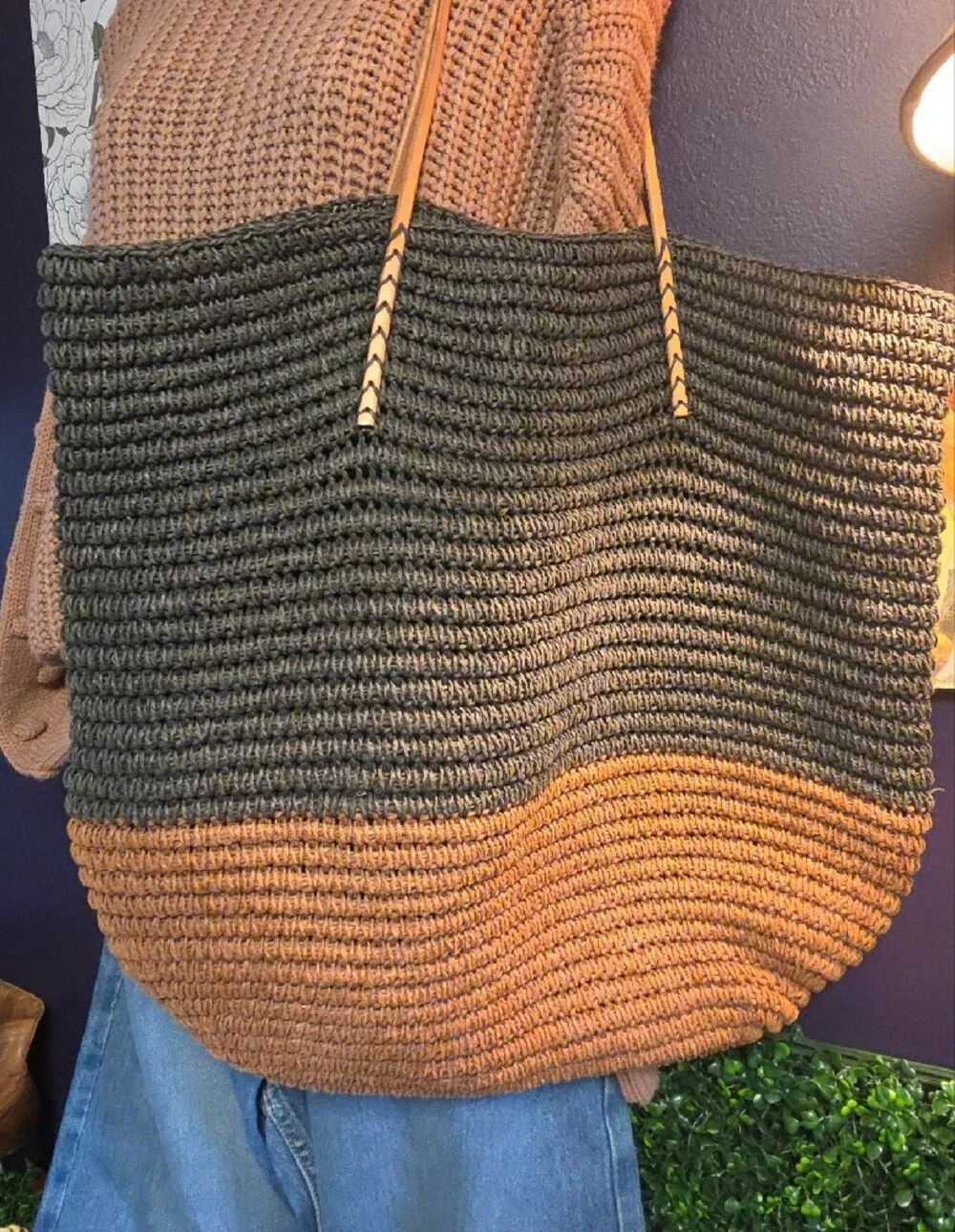 Merona Paper & Leather Two-Tone Woven Tote - Black and Brown with Tan Handles